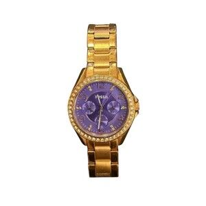 Fossil Riley Purple Crystal set Dial Rose Gold tone Steel Ladies Watch Read